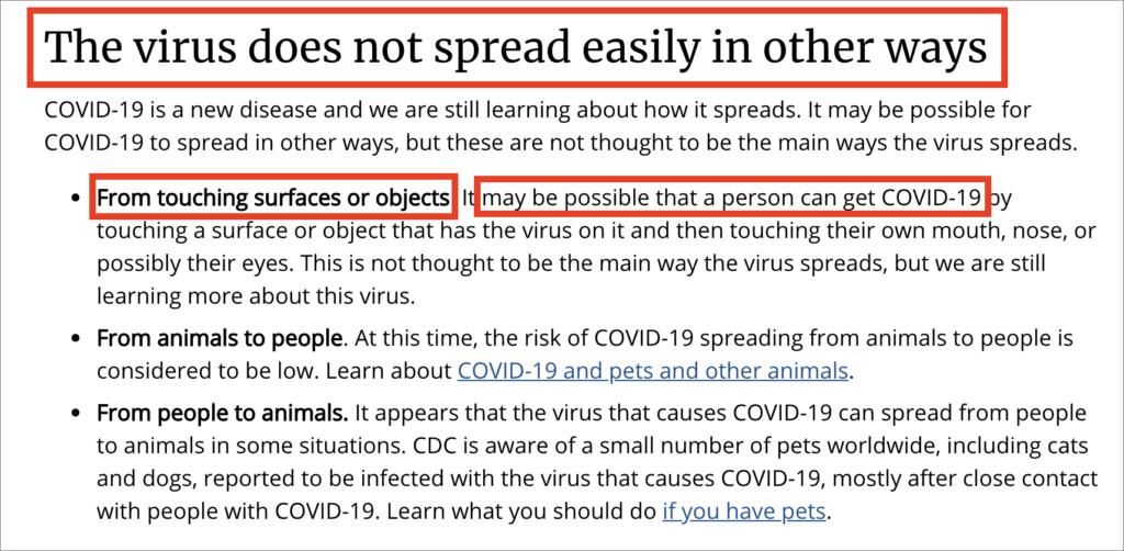 A screenshot of the CDC recommendations with contradictions highlighted.