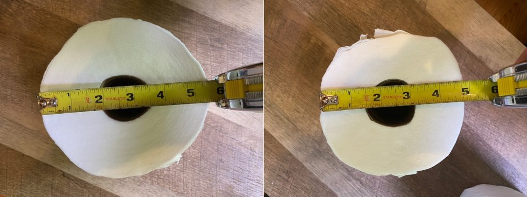 Two pictures of a tape measuring toilet paper rolls before and after panic buying.