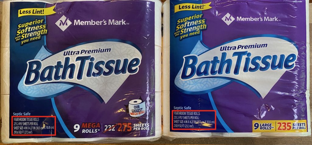 A picture of two toilet paper packs, before and after panic buying.
