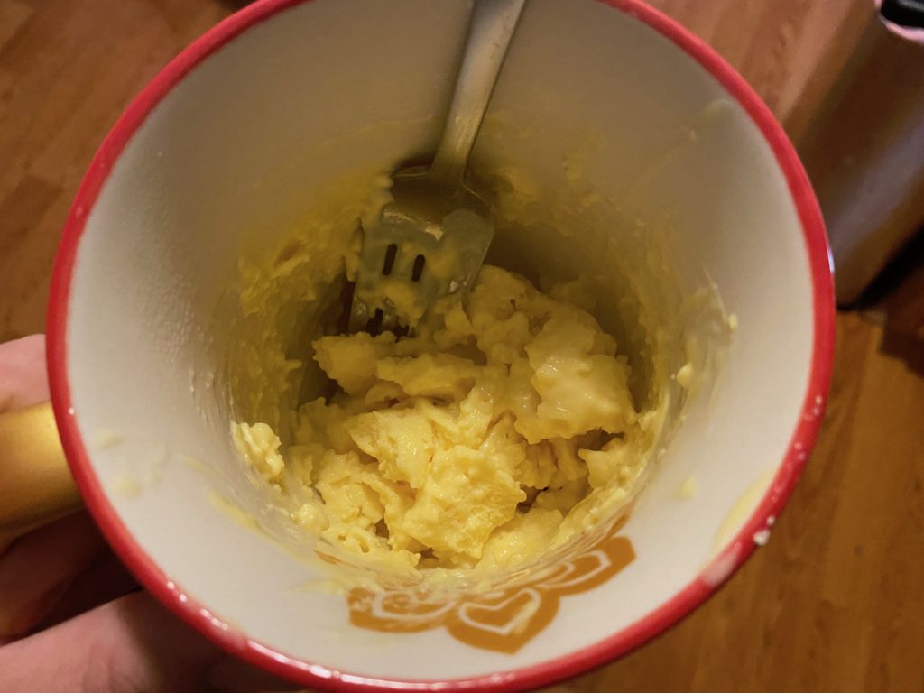 Powdered scrambled eggs after being cooked in the microwave