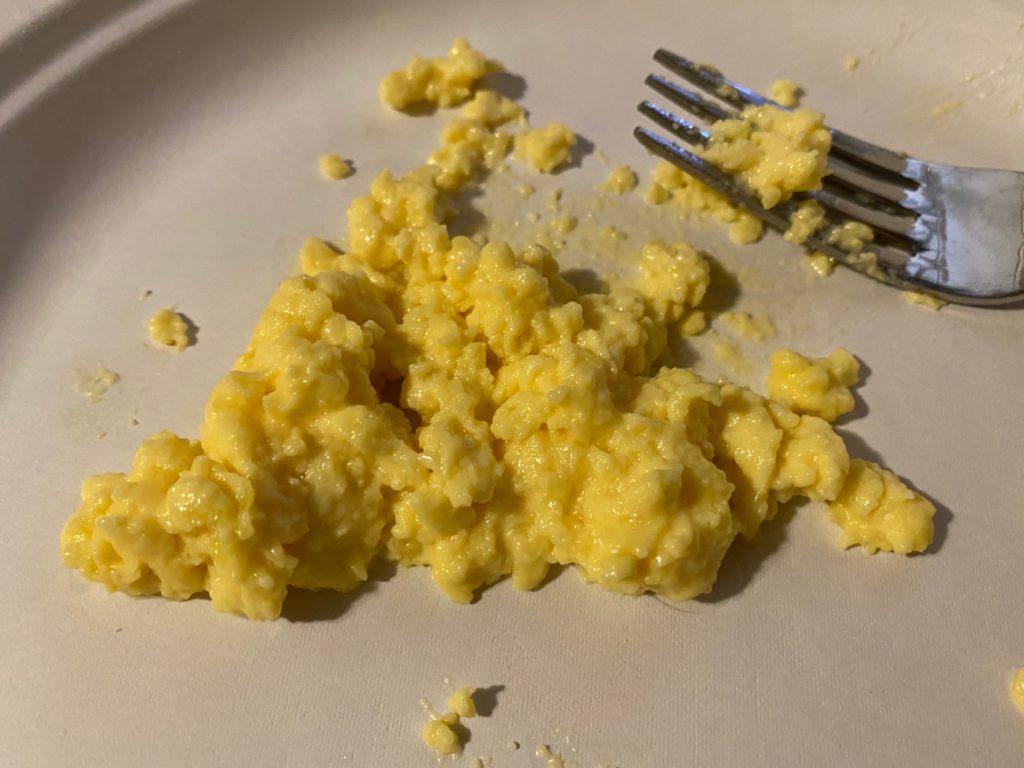 Powdered scrambled eggs after cooking in a skillet