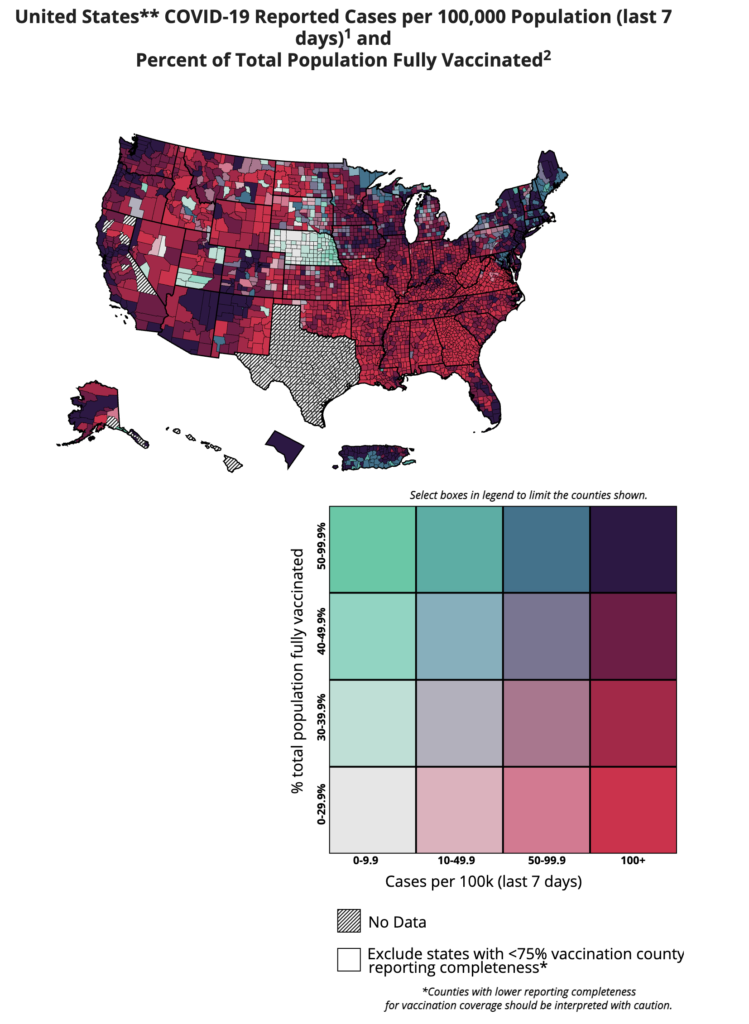 A CDC map comparing cases vs. vaccination rates