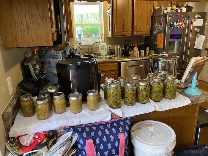Canned jars of green salsa and green beans on a kitchen counter