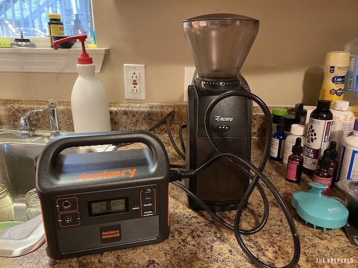 Coffee grinder hooked up to a Jackery